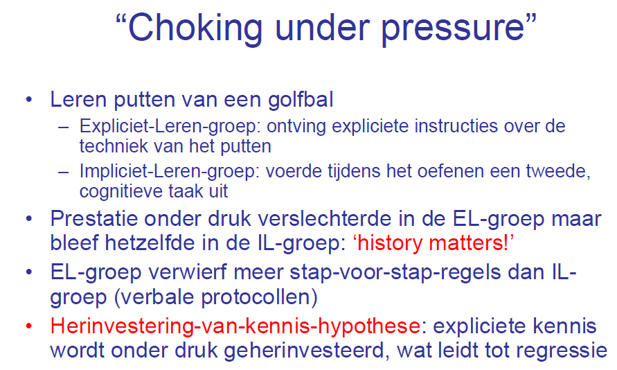 Meer stress bestendig Externe en interne focus Bijexpliciet : Internefocus Aandacht gericht op de beweging zelf of onder liggende processen = geeft zichzelf tijdens bewegen - opdrachten