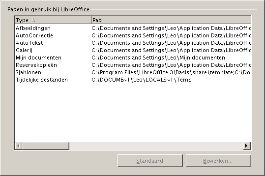 Tip U kunt de items in de pagina LibreOffice Paden gebruiken om een lijst met bestanden samen te stellen, zoals bijvoorbeeld deze die AutoTekst bevatten.