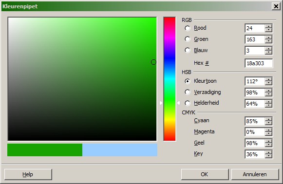 Afbeelding 10: Kleuren bewerken Een andere manier om kleuren te definiëren of te wijzigen is via de tabpagina Kleuren van het dialoogvenster Gebied, waar u ook kleurenpaletten kunt laden en opslaan.