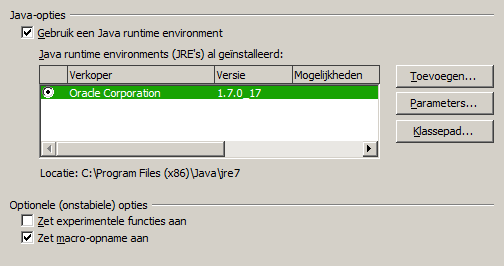 Geavanceerd Opties Java Indien u een Java Runtime Environment (JRE) installeert of bijwerkt nadat u LibreOffice hebt geïnstalleerd, of als u meer dan één JRE hebt geïnstalleerd op uw computer, dan