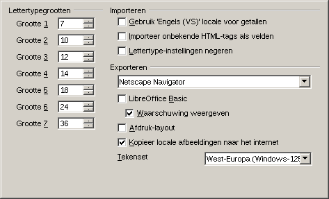 HTML-compatibiliteit Keuzes die worden gemaakt op de tabpagina Laden/Opslaan HTML-compatibiliteit hebben effect op HTML-pagina's die worden geïmporteerd in LibreOffice en die worden geëxporteerd