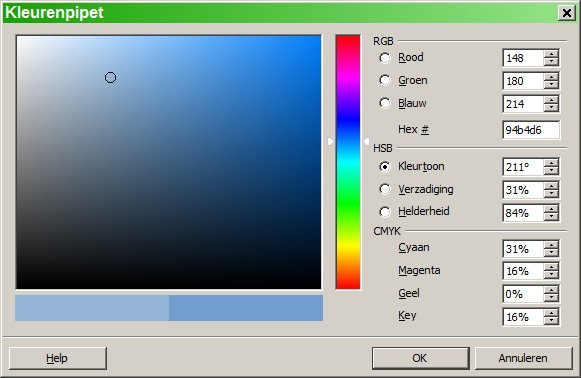 Hier kunt u een kleur kiezen uit het kleurenvenster links of u kunt rechts waarden ingeven voor CMYK, RGB of HSB (KVH: Kleurtoon, Verzadiging en Helderheid).