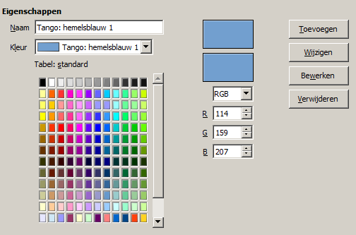 4) Klik op de knop Wijzigen. De nieuw gedefinieerde kleur is nu opgenomen in de kleurentabel.