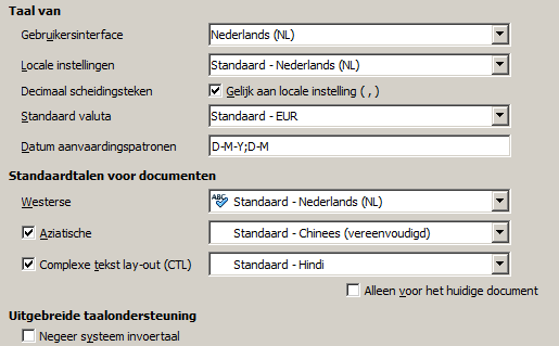 Gebruikersinterface De taal van de gebruikersinterface wordt meestal ingesteld tijdens het installeren van LibreOffice, overeenkomstig de taal van het besturingssysteem.