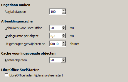 Opties Geheugen De opties op het tabblad LibreOffice > Geheugen beheren het door LibreOffice gebruikt geheugen van uw computer en hoeveel geheugen er nodig is.