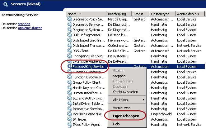 1. Log in op het systeem dat werd genoemd in de configuratie van Factuur2King en ga naar het Services overzicht (bereikbaar via Start > Uitvoeren > tik services.