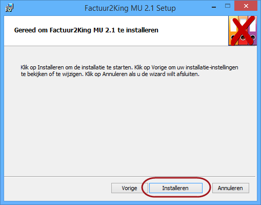 Bij de installatie van Factuur2King 2.0 werd dit nog niet gedaan, in dat geval wordt hier de default locatie van de vorige installatie getoond.
