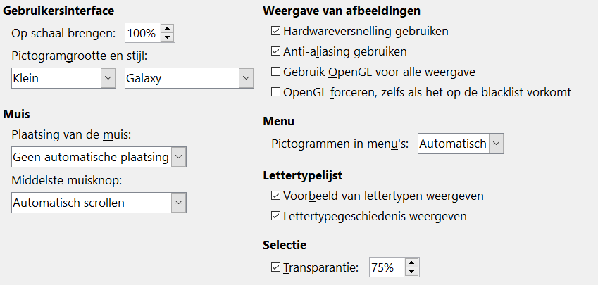 Gebruikersinterface Pictogramgrootte en stijl Het eerste vak specificeert de grootte voor de weergave van de pictogrammen op de werkbalken (Automatisch, Klein of Groot).