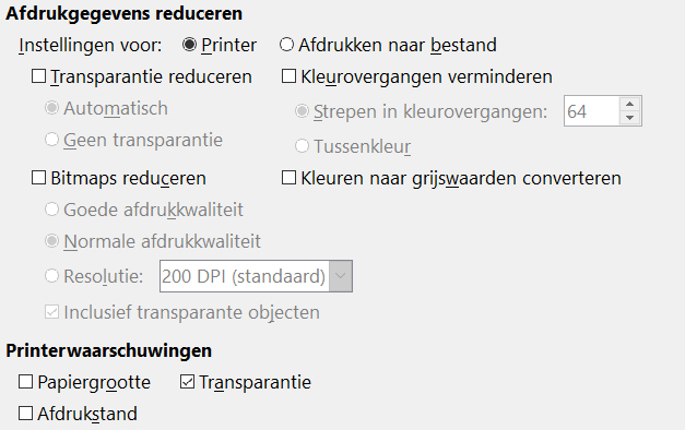 Afbeelding 6: Algemene afdrukopties kiezen die van toepassing zijn op alle LibreOffice componenten In het gedeelte Printerwaarschuwingen, onderaan de pagina kunt u er voor kiezen om gewaarschuwd te