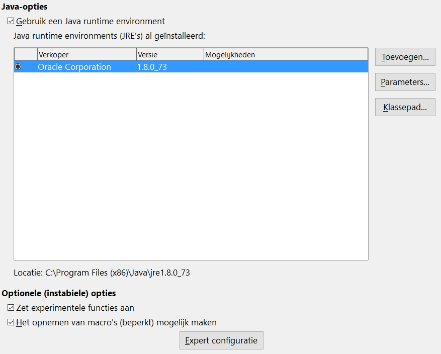 Opties Geavanceerd Java-opties Als u een Java Runtime Environment (JRE) installeert of bijwerkt, nadat u LibreOffice hebt geïnstalleerd of als u meer dan één JRE op uw computer hebt geïnstalleerd,