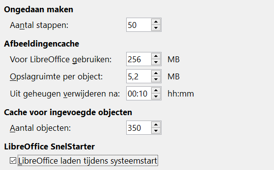 Opties Geheugen De opties op het tabblad LibreOffice > Geheugen beheren het door LibreOffice gebruikte geheugen van uw computer en hoeveel geheugen er nodig is.