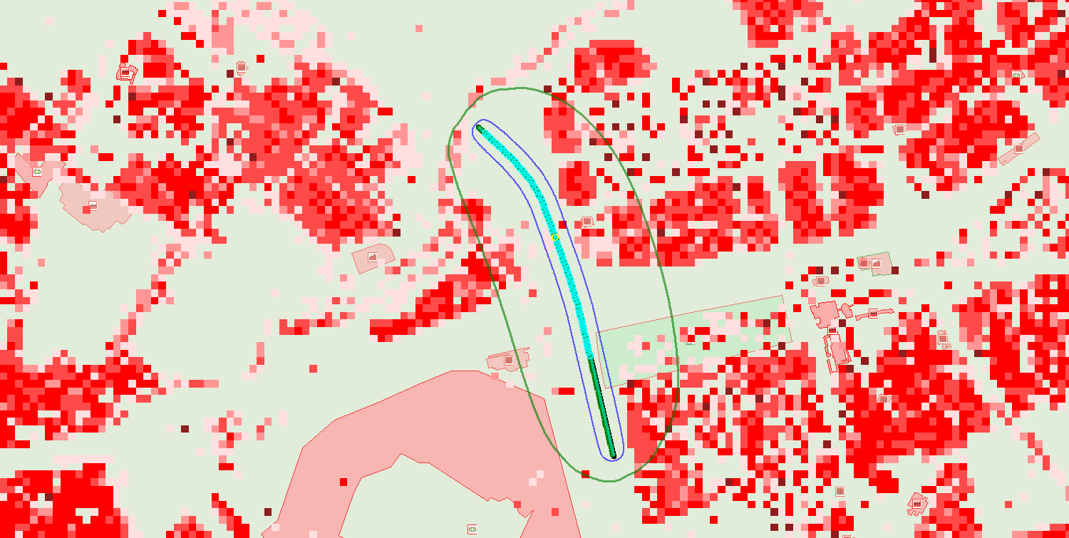 Afbeelding 5.10. Visualisatie van de berekende plaatsgebonden risicocontouren van wegdeel 2 van de A16 Rotterdam. Het deel met het hoogste groepsrisico is weergegeven met de gele stippen.