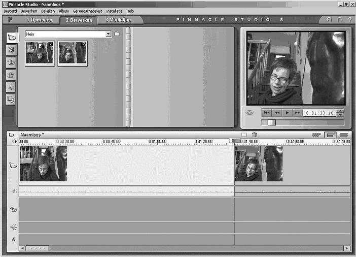 Bewerken van video Scènes slepen naar de montagetafel (tijdsbalk) Klik op het tabblad bewerken.in de catalogus (gedeelte linksboven in het scherm, hier met twee scènes) zie je één of meerdere scènes.
