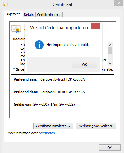 Via deze procedure is het certificaat geïnstalleerd in de root-store van Windows.