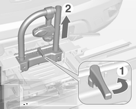 Opbergen 63 3. Hendel (1) naar voren draaien en vasthouden. 4. Adapter (2) aan de achterzijde optillen en verwijderen. Fietsendrager uiteennemen 2.