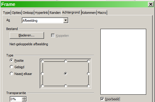 Afbeelding 54: Opties voor afbeeldingen op de pagina Achtergrond van het dialoogvenster Frame Verwijderen van kleuren of afbeeldingen van de achtergrond Kleuren of