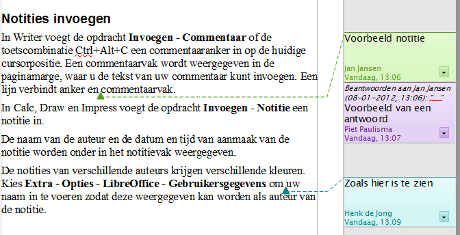 Afbeelding 40: Notities in LibreOffice 3 Met rechts klikken op een notitie opent een contextmenu waarin u de huidige notitie, alle notities van dezelfde auteur, of alle notities in het document kunt