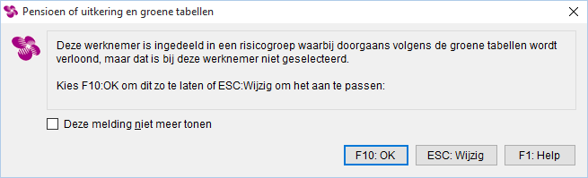 4) Geef 'F10' (2x) 5) Loon stelt u de vraag of u de witte tabellen wilt hanteren of de groene: Afbeelding: Pensioenberekening en groene tabellen 6) Normaliter kiest u voor de groene tabellen.