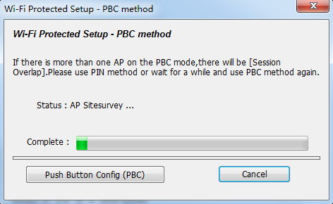 Klik op Push Button Config(PBC), en een berichtvenster zal verschijnen: Activeer nu de drukknopschakelaarfunctie op het draadloze toegangspunt, en de draadloze netwerkkaart zal binnen één minuut een