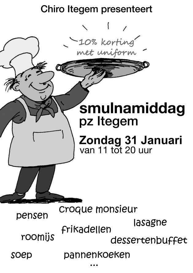 Smulnamiddag Samenwerken De Smulnamiddag is een evenement van de Chiro dat ik samen met nog een paar andere leiding heb georganiseerd, in deze groep van 4 personen was ik zowat de leidende