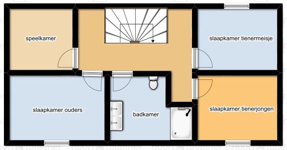 Opdracht 1. Kies een kamer uit het grondplan van de 1 e verdieping van een huis: speelkamer, slaapkamer tienermeisje, slaapkamer tienerjongen, slaapkamer ouders en badkamer. 2.