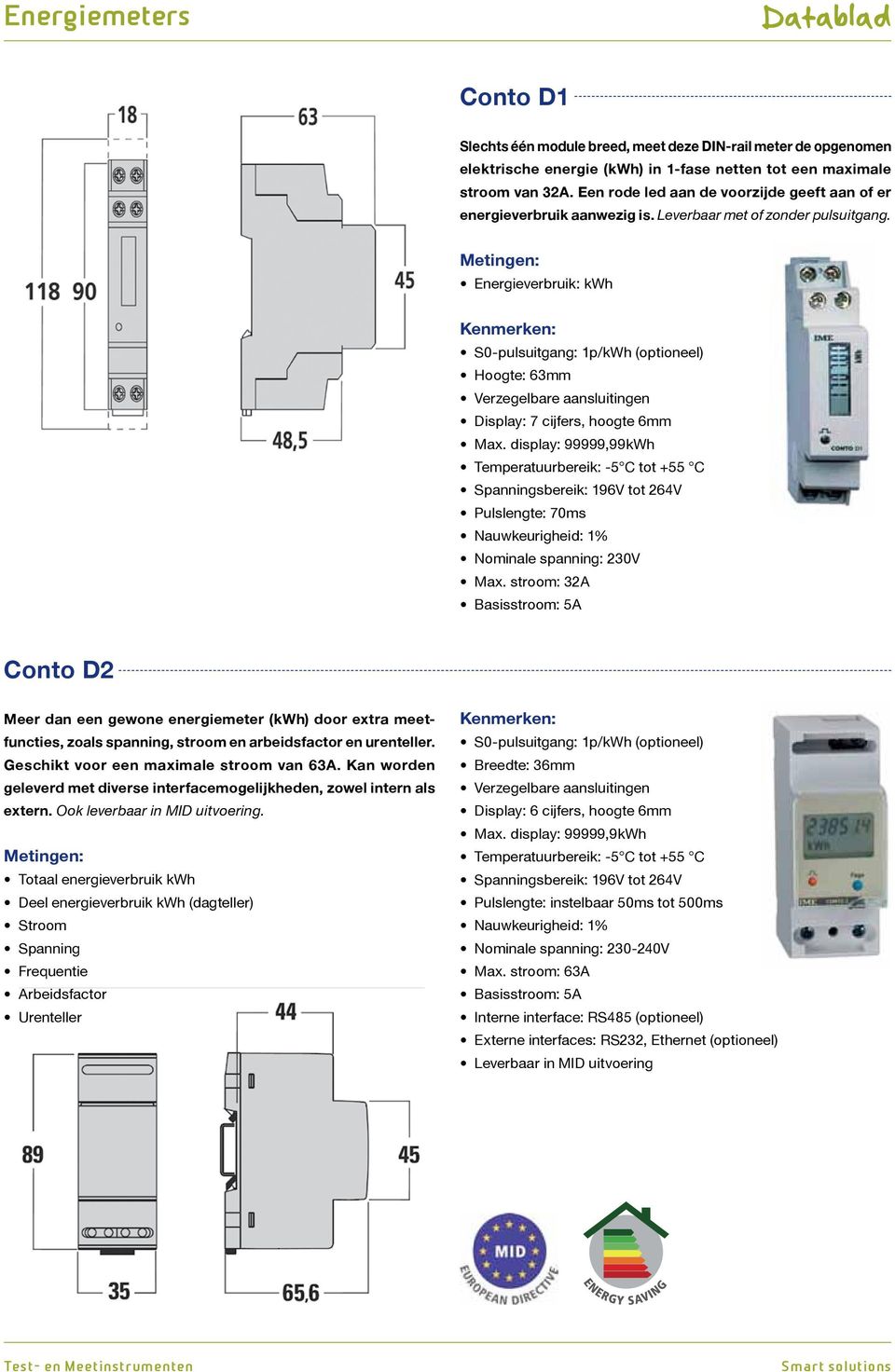 Energieverbruik: kwh : 1p/kWh (optioneel) Hoogte: 63mm Display: 7 cijfers, hoogte 6mm Max. display: 99999,99kWh sbereik: 196V tot 264V Pulslengte: 70ms Nominale spanning: 230V Max.