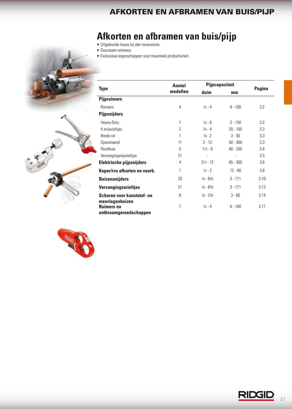 3 Brede rol 1 1 8-2 3-50 3.3 Openslaand 11 2-12 50-300 3.3 Rioolbuis 5 1 1 2-8 40-200 3.4 Vervangingsnijwieltjes 21 3.5 Elektrische pijpsnijders 4 2 1 2-12 65-300 3.