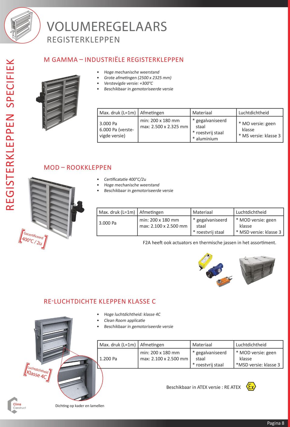 325 mm Certificatatie 400 C/2u Hoge mechanische weerstand Beschikbaar in gemotoriseerde versie * MO versie: geen klasse * MS versie: klasse 3 Max. druk (L=1m) Afmetingen Materiaal Luchtdichtheid 3.