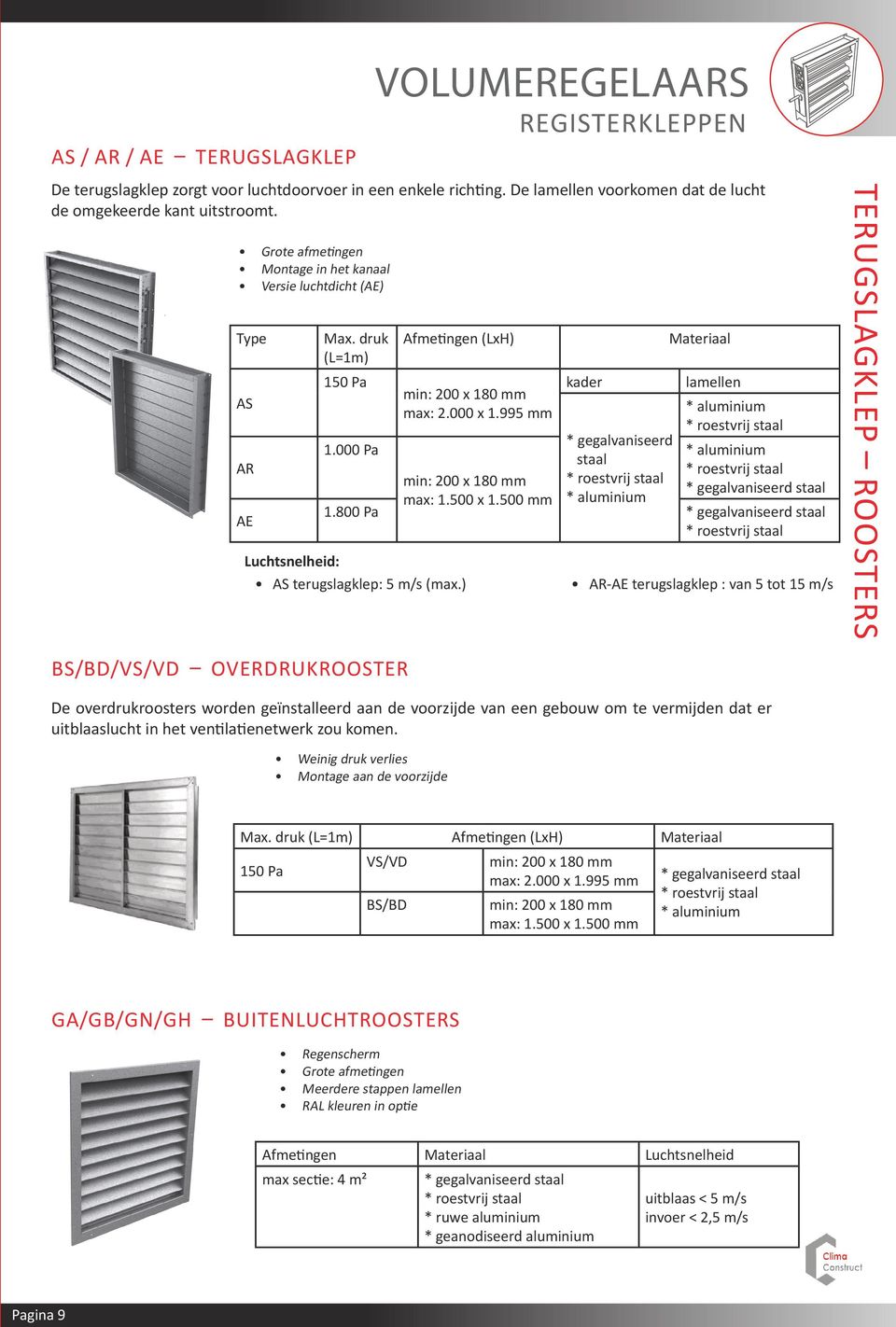 800 Pa max: 1.500 x 1.500 mm Luchtsnelheid: AS terugslagklep: 5 m/s (max.