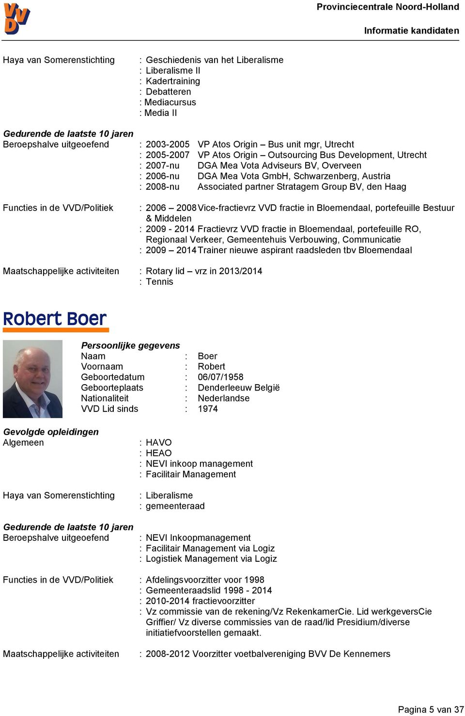 Vice-fractievrz VVD fractie in Bloemendaal, portefeuille Bestuur & Middelen : 2009-2014 Fractievrz VVD fractie in Bloemendaal, portefeuille RO, Regionaal Verkeer, Gemeentehuis Verbouwing,