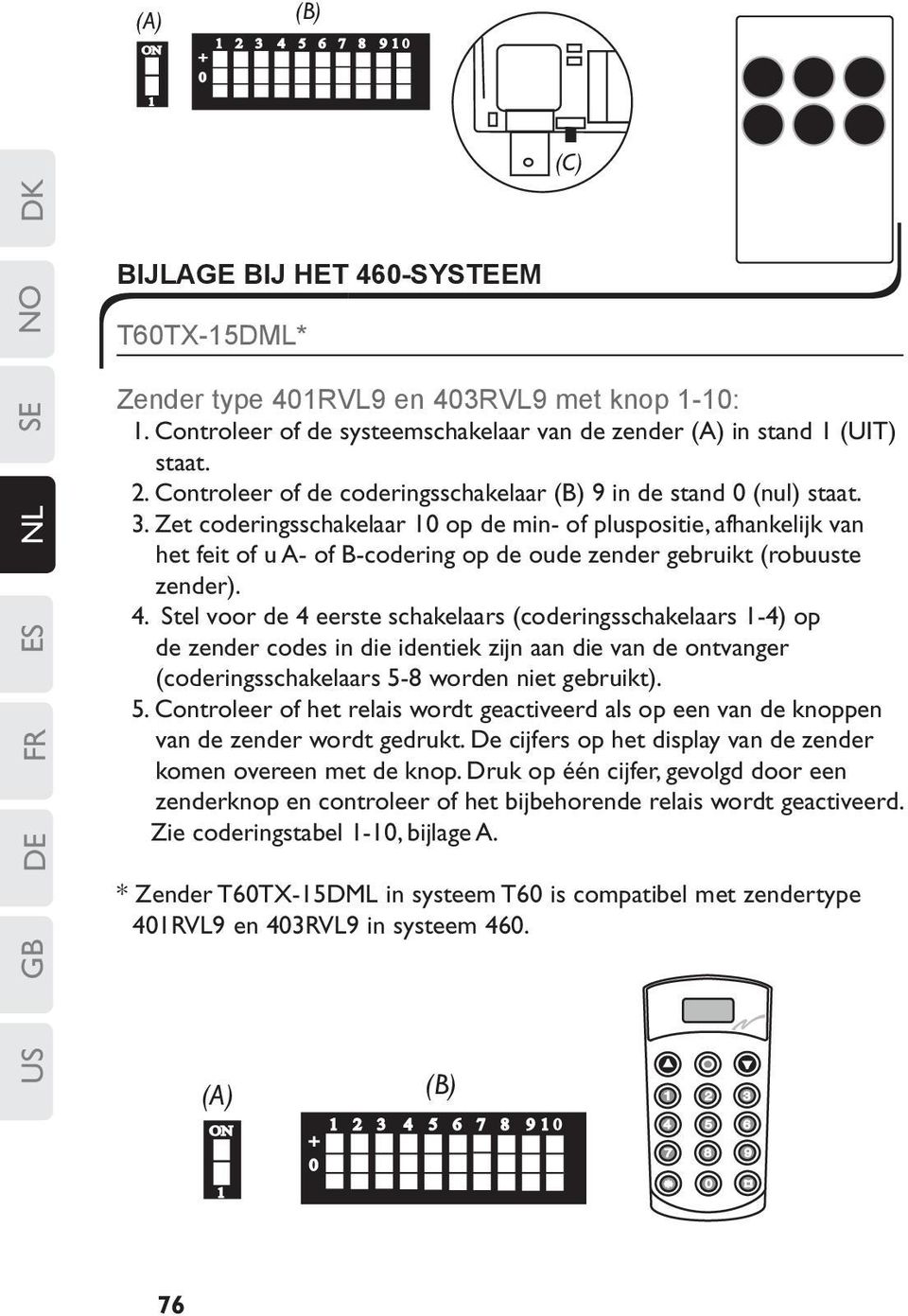 Zet coderingsschakelaar 10 op de min- of pluspositie, afhankelijk van het feit of u A- of B-codering op de oude zender gebruikt (robuuste zender). 4.