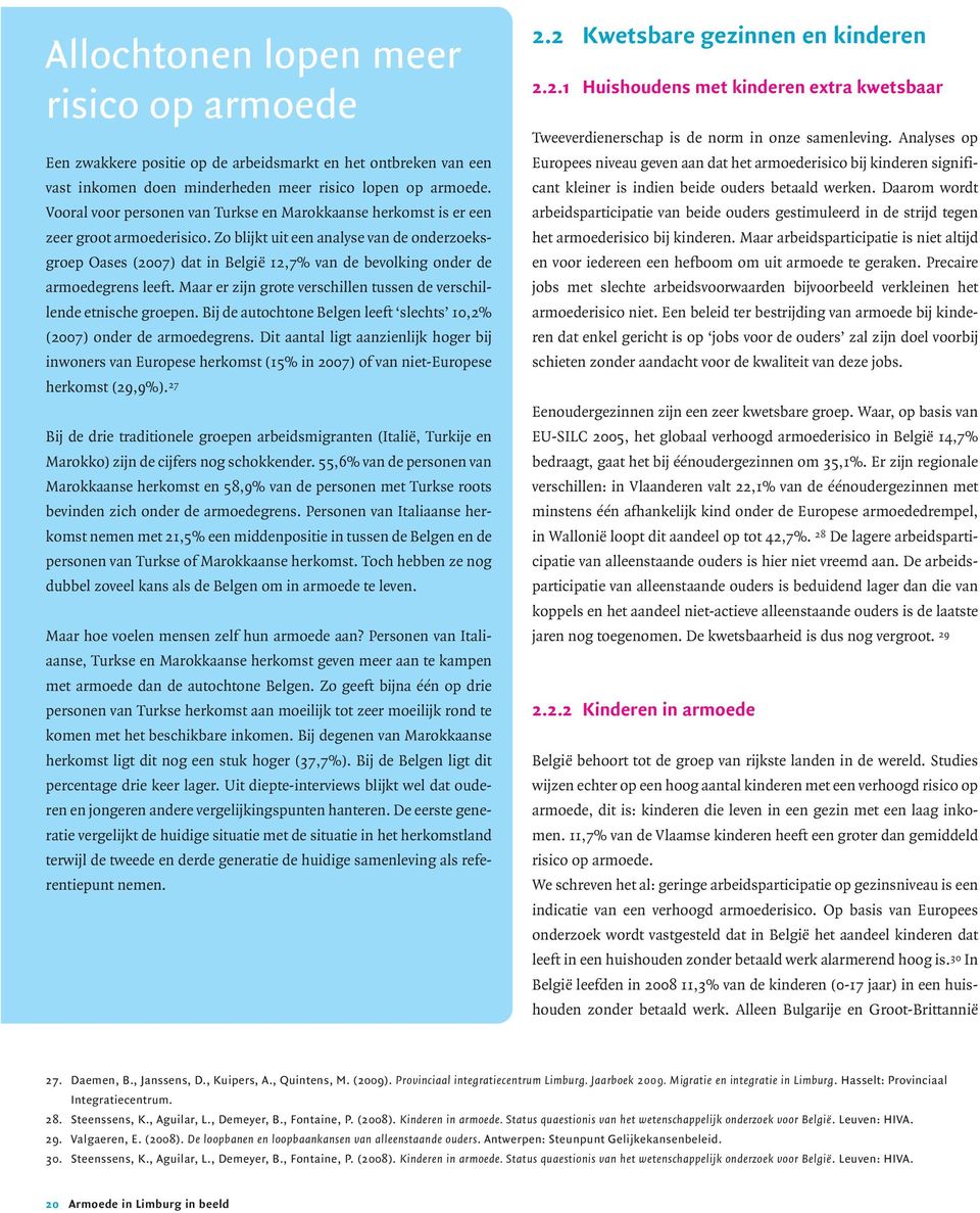 Zo blijkt uit een analyse van de onderzoeksgroep Oases (2007) dat in België 12,7% van de bevolking onder de armoedegrens leeft. Maar er zijn grote verschillen tussen de verschillende etnische groepen.