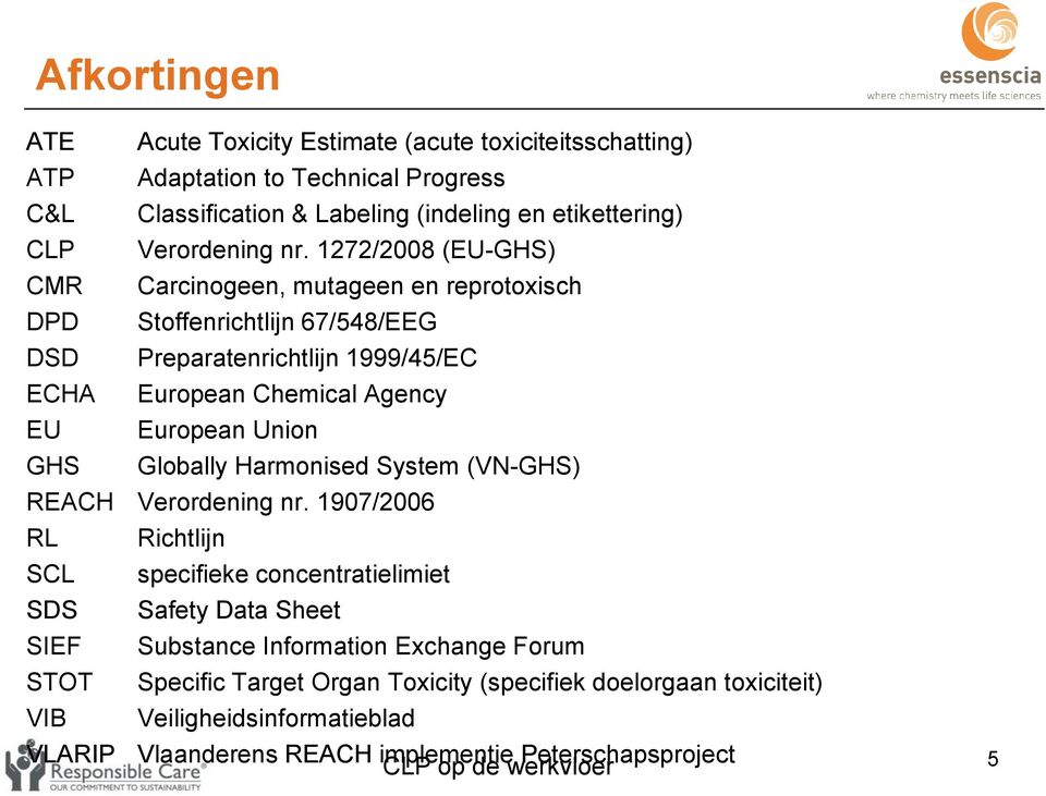 1272/2008 (EU-GHS) CMR Carcinogeen, mutageen en reprotoxisch DPD Stoffenrichtlijn 67/548/EEG DSD Preparatenrichtlijn 1999/45/EC ECHA European Chemical Agency EU European