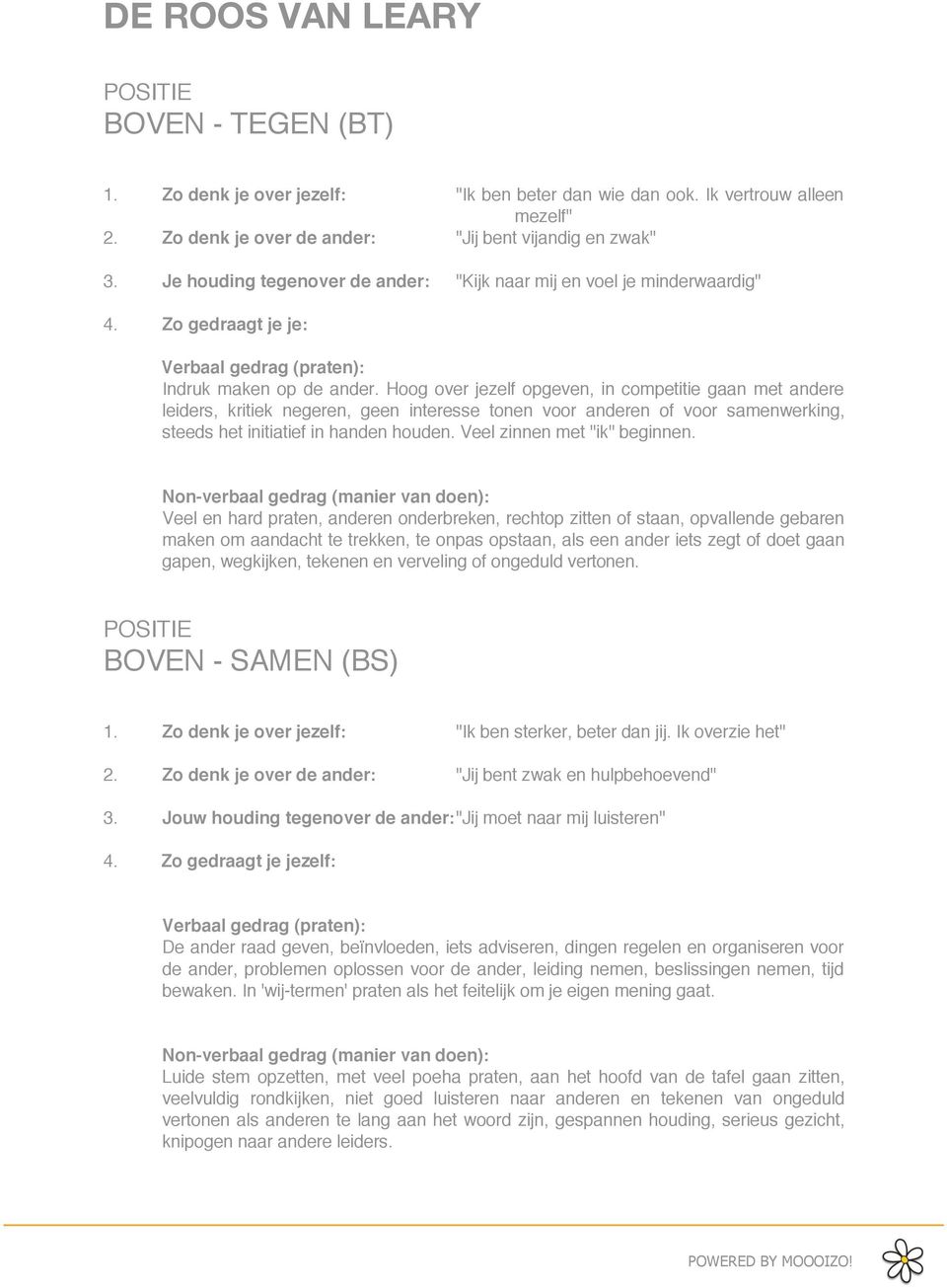 Hoog over jezelf opgeven, in competitie gaan met andere leiders, kritiek negeren, geen interesse tonen voor anderen of voor samenwerking, steeds het initiatief in handen houden.