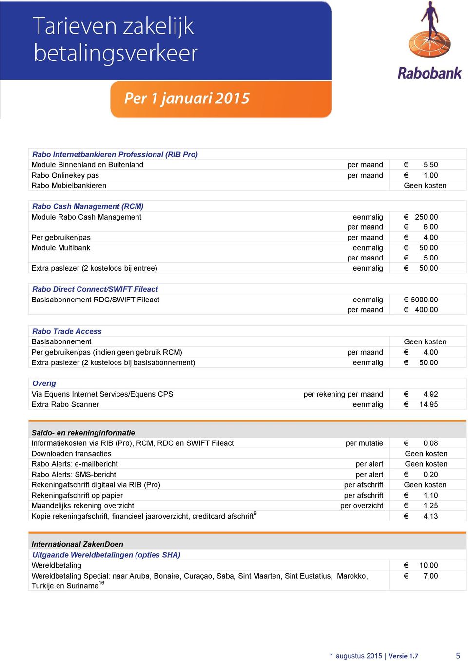 Connect/SWIFT Fileact Basisabonnement RDC/SWIFT Fileact eenmalig per maand 5000,00 400,00 Rabo Trade Access Basisabonnement Geen kosten Per gebruiker/pas (indien geen gebruik RCM) per maand 4,00