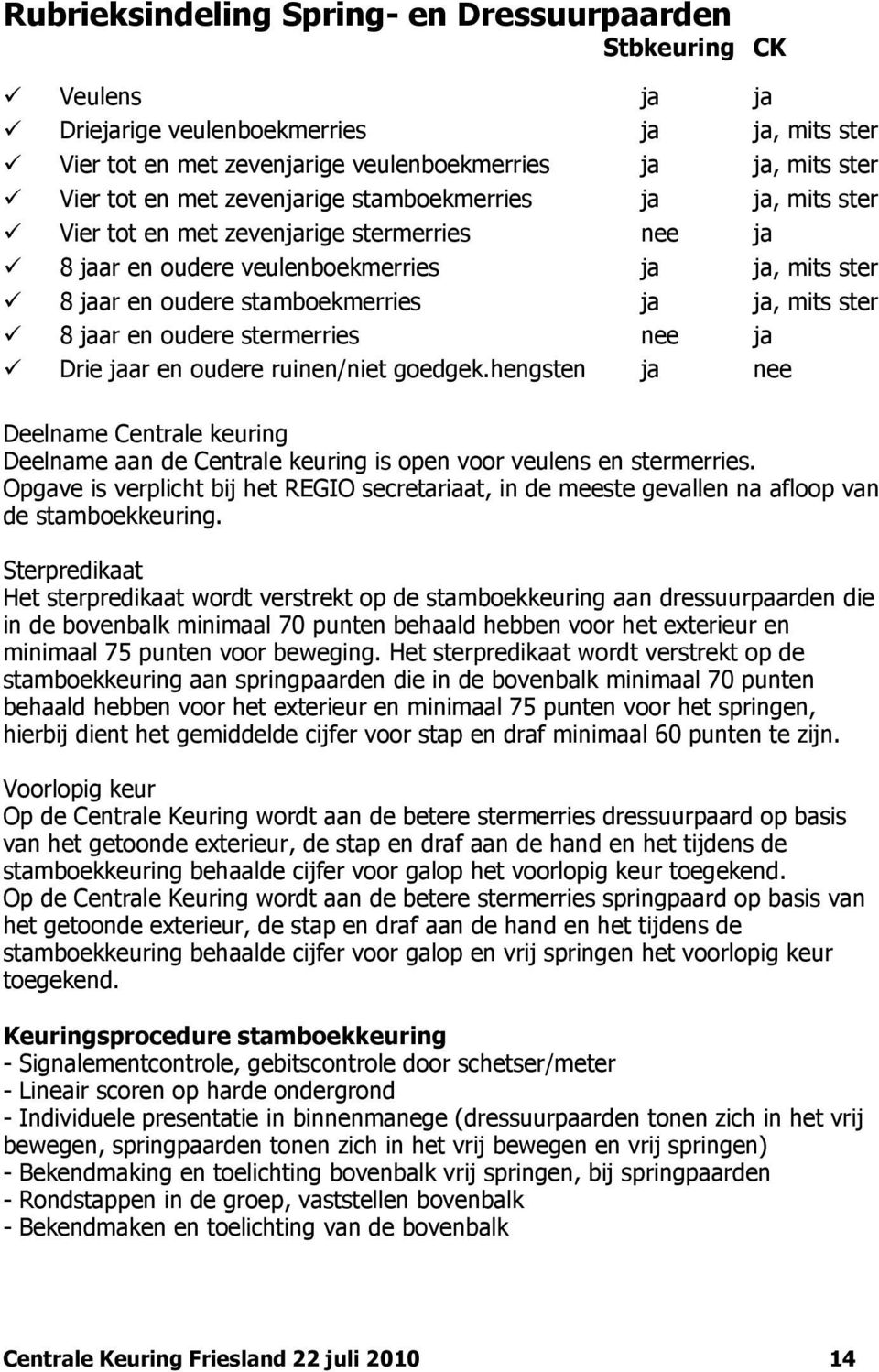 jaar en oudere stermerries nee ja Drie jaar en oudere ruinen/niet goedgek.hengsten ja nee Deelname Centrale keuring Deelname aan de Centrale keuring is open voor veulens en stermerries.