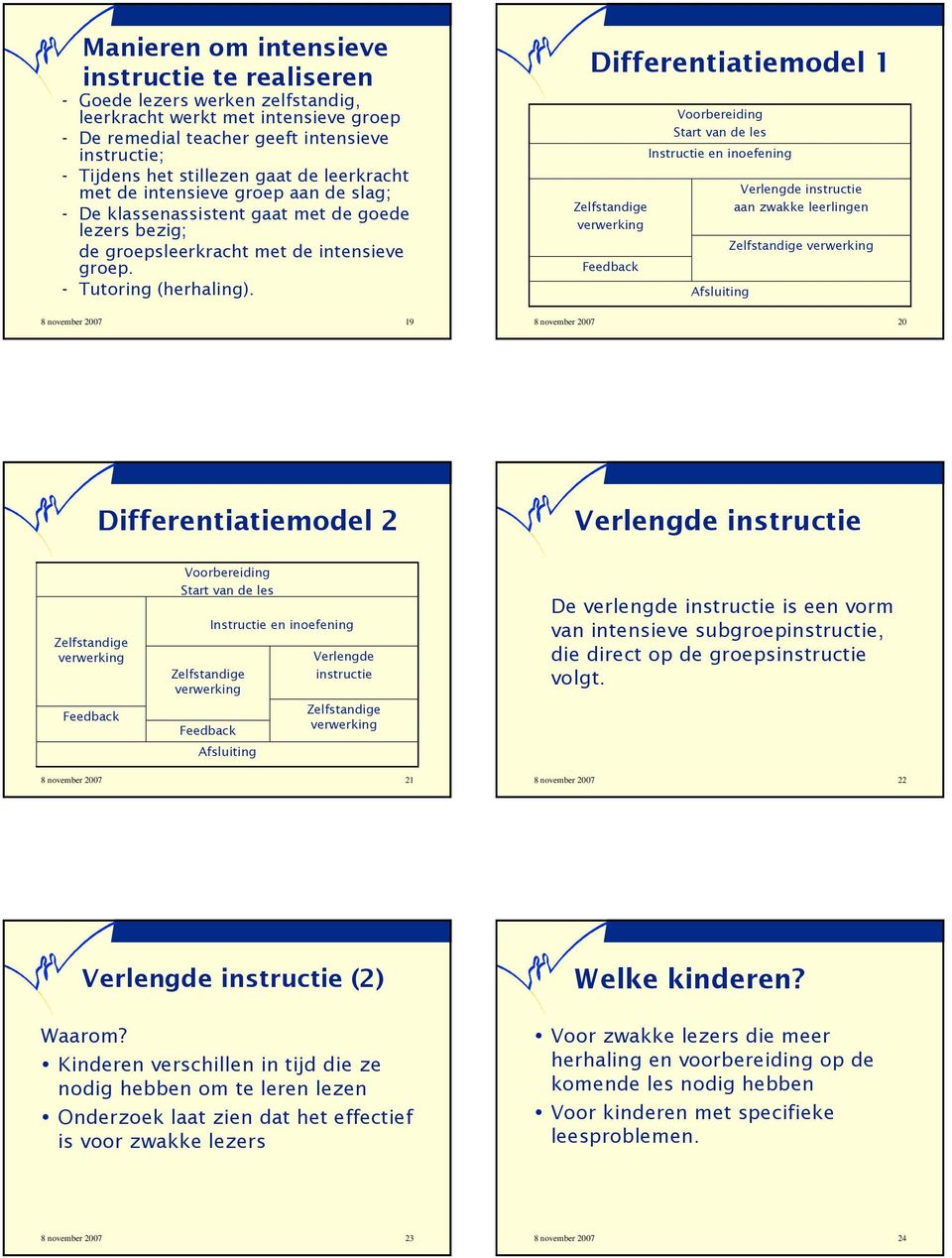 Differentiatiemodel 1 Voorbereiding Start van de les Instructie en inoefening Afsluiting aan zwakke leerlingen 8 november 2007 19 8 november 2007 20 Differentiatiemodel 2 Voorbereiding Start van de