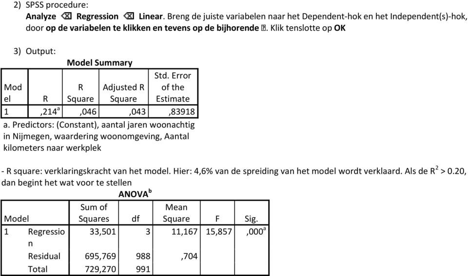 Predictors: (Constant), aantal jaren woonachtig in Nijmegen, waardering woonomgeving, Aantal kilometers naar werkplek - R square: verklaringskracht van het model.