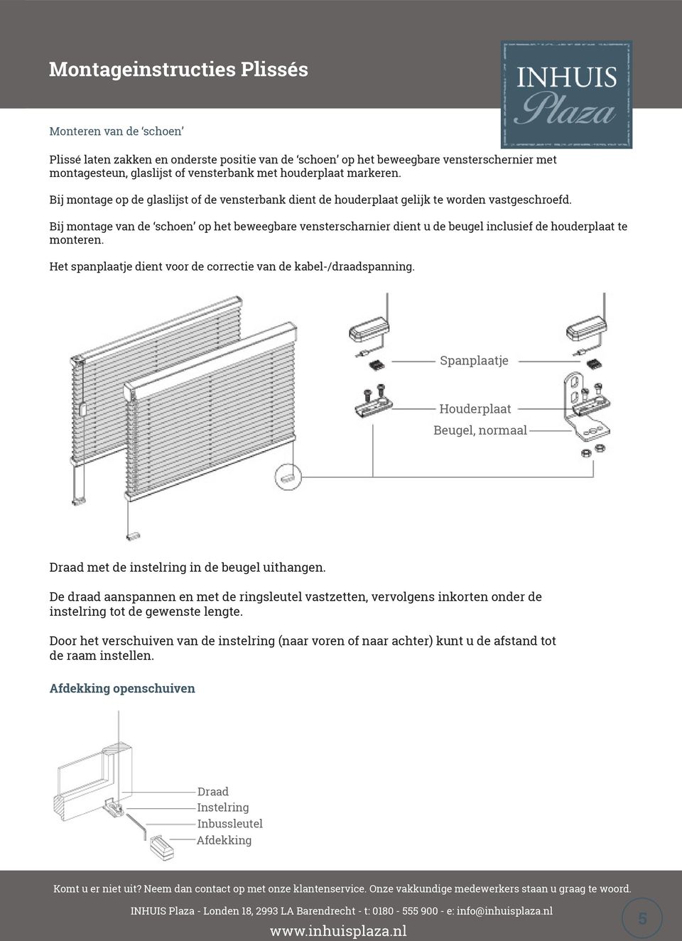 Bij montage van de schoen op het beweegbare vensterscharnier dient u de beugel inclusief de houderplaat te monteren. Het spanplaatje dient voor de correctie van de kabel-/draadspanning.