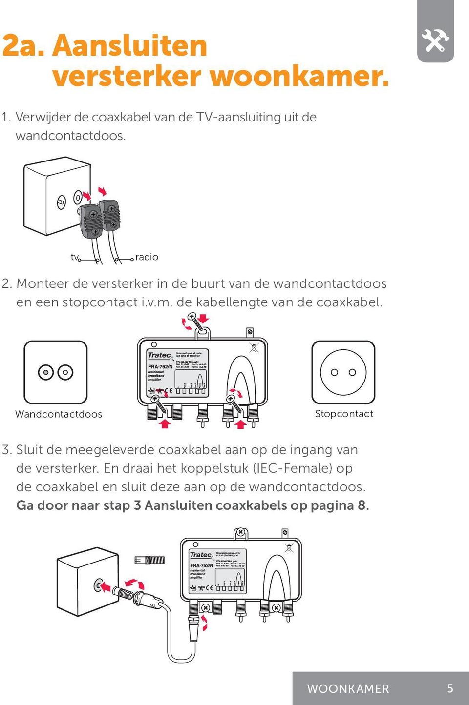 Wandcontactdoos Stopcontact 3. Sluit de meegeleverde coaxkabel aan op de ingang van de versterker.