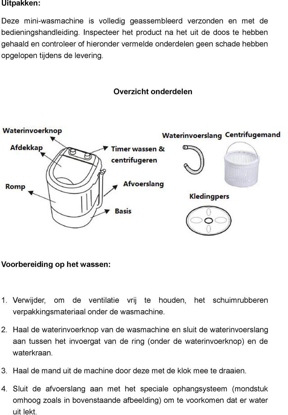 Overzicht onderdelen Voorbereiding op het wassen: 1. Verwijder, om de ventilatie vrij te houden, het schuimrubberen verpakkingsmateriaal onder de wasmachine. 2.