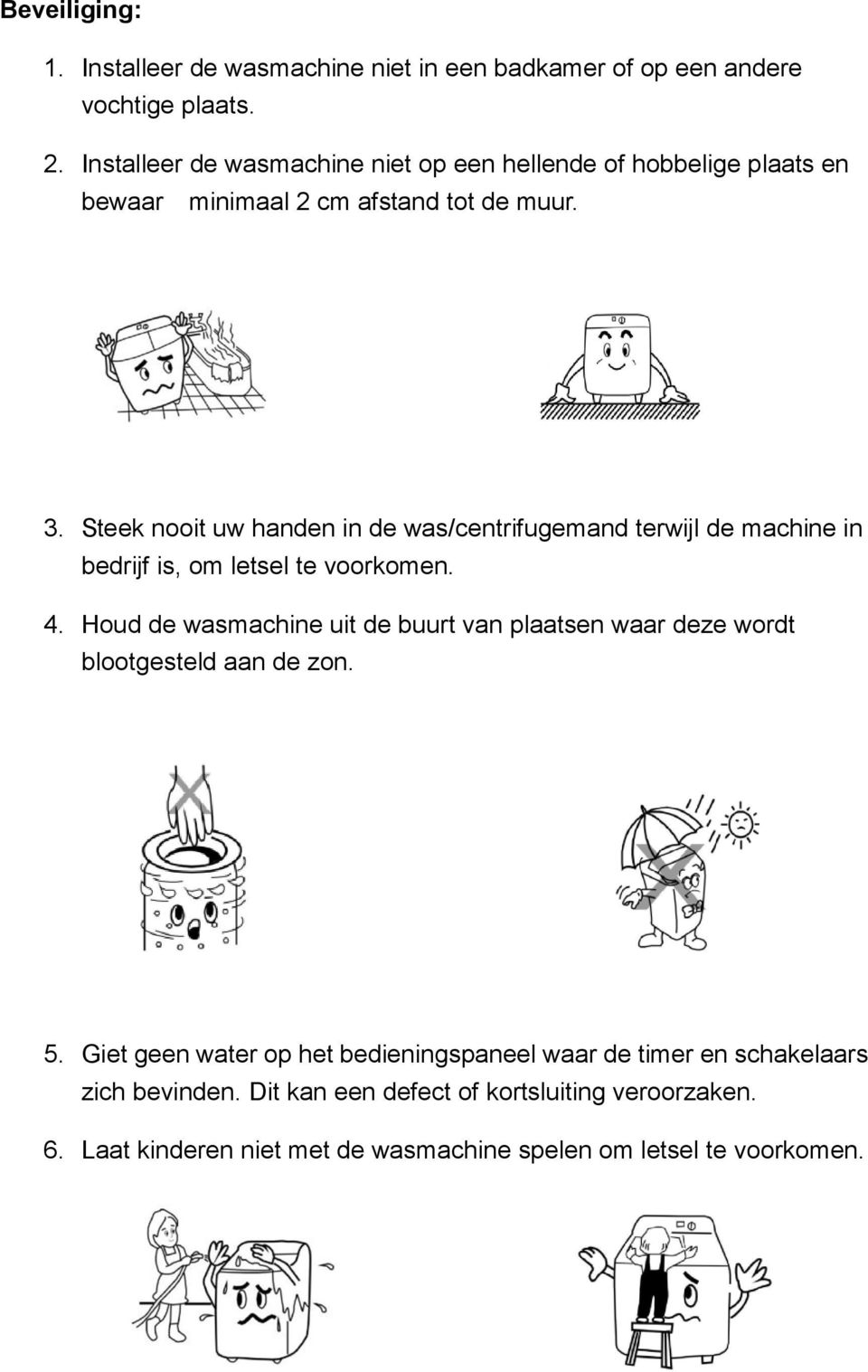 Steek nooit uw handen in de was/centrifugemand terwijl de machine in bedrijf is, om letsel te voorkomen. 4.