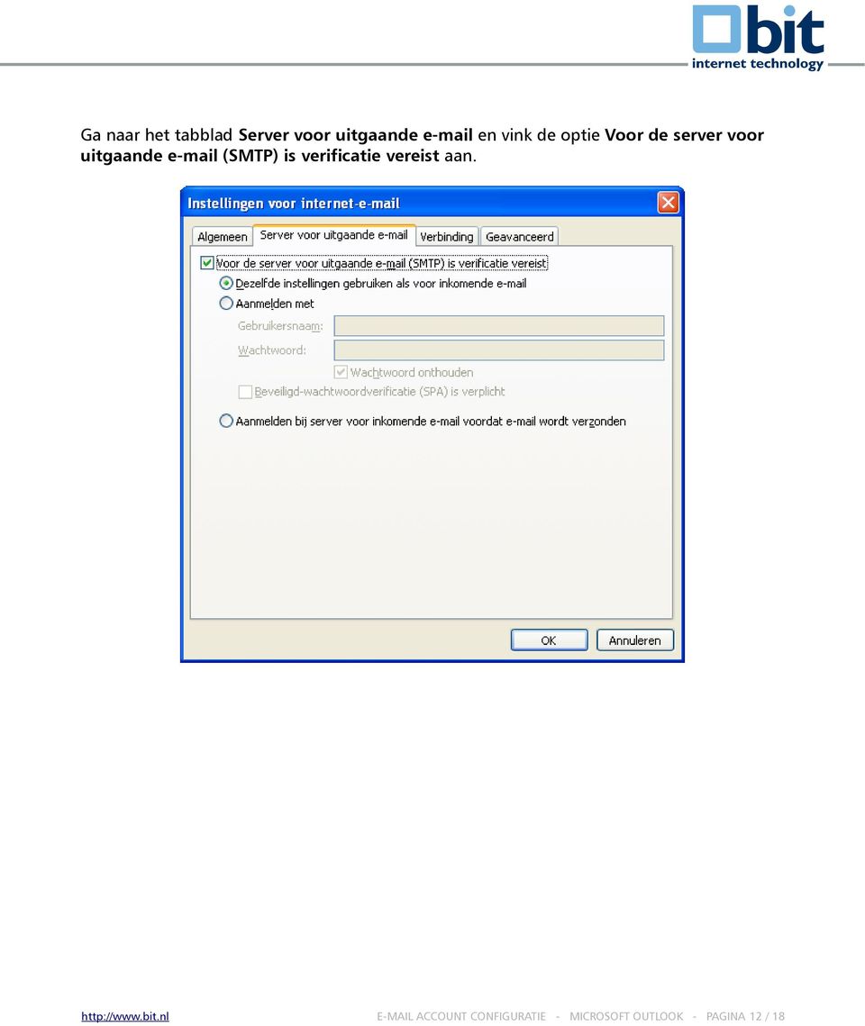 e-mail (SMTP) is verificatie vereist aan.