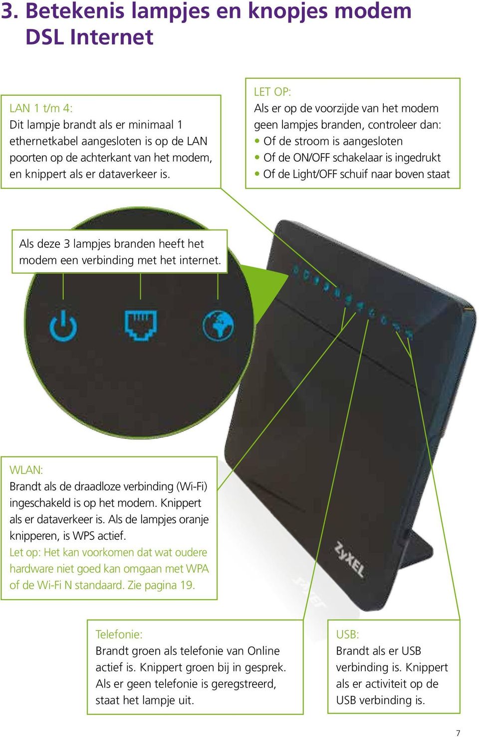 LET OP: Als er op de voorzijde van het modem geen lampjes branden, controleer dan: Of de stroom is aangesloten Of de ON/ schakelaar is ingedrukt Of de / schuif naar boven staat Als deze 3 lampjes