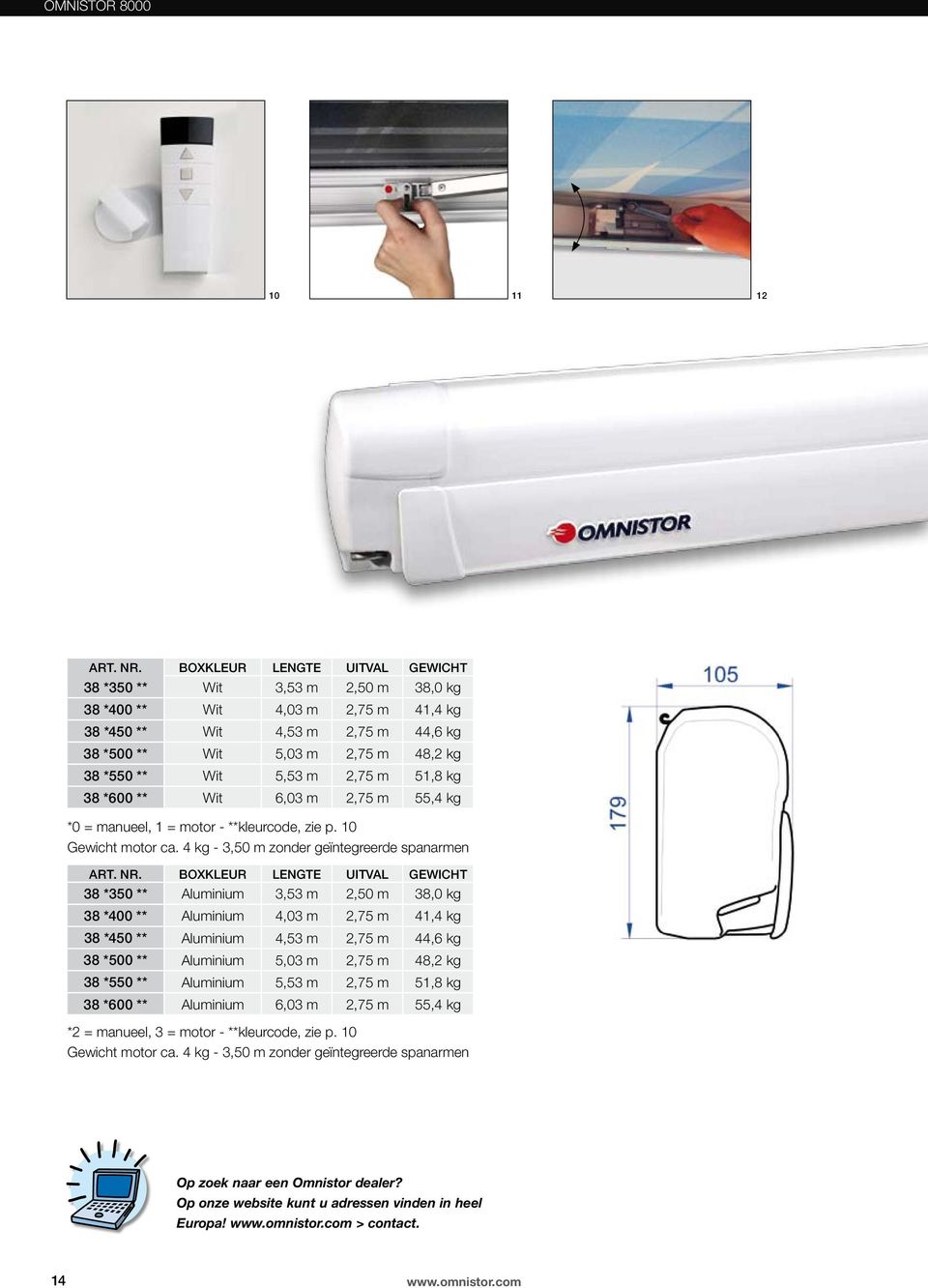 m 2,75 m 51,8 kg 38 *600 ** Wit 6,03 m 2,75 m 55,4 kg *0 = manueel, 1 = motor - **kleurcode, zie p. 10 Gewicht motor ca. 4 kg - 3,50 m zonder geïntegreerde spanarmen ART. NR.