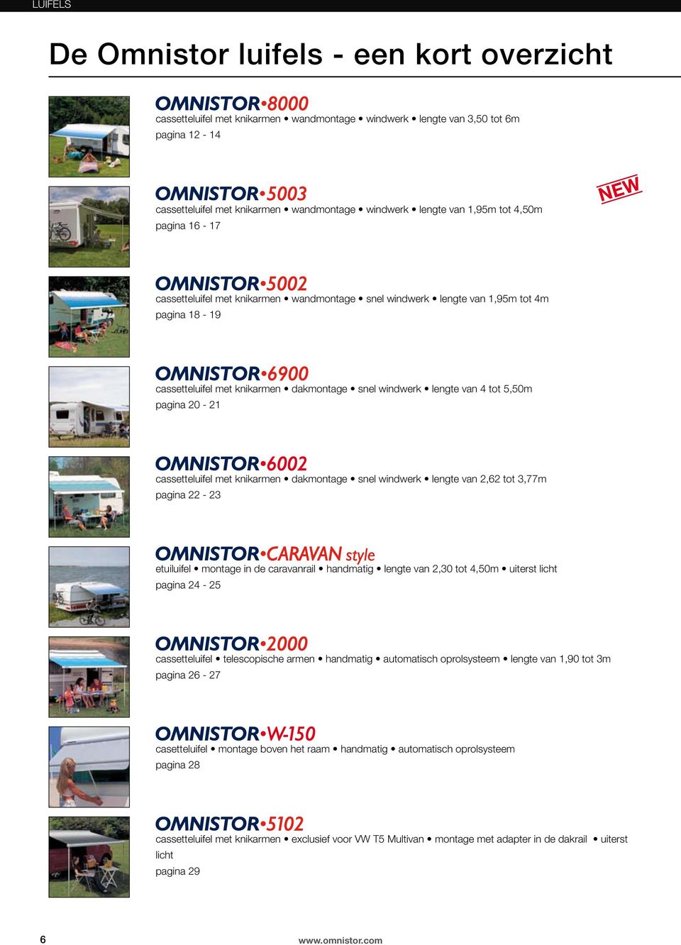 5,50m pagina 20-21 cassetteluifel met knikarmen dakmontage snel windwerk lengte van 2,62 tot 3,77m pagina 22-23 etuiluifel montage in de caravanrail handmatig lengte van 2,30 tot 4,50m uiterst licht