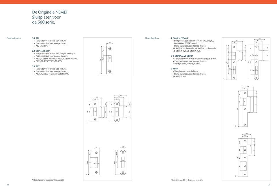 P 636* Sluitplaten voor artikel 636 en 638. Platte sluitplaat voor stompe deuren. P 636/12: staal verzinkt, P 636/17: RVS. 1. Platte sluitplaten 4.