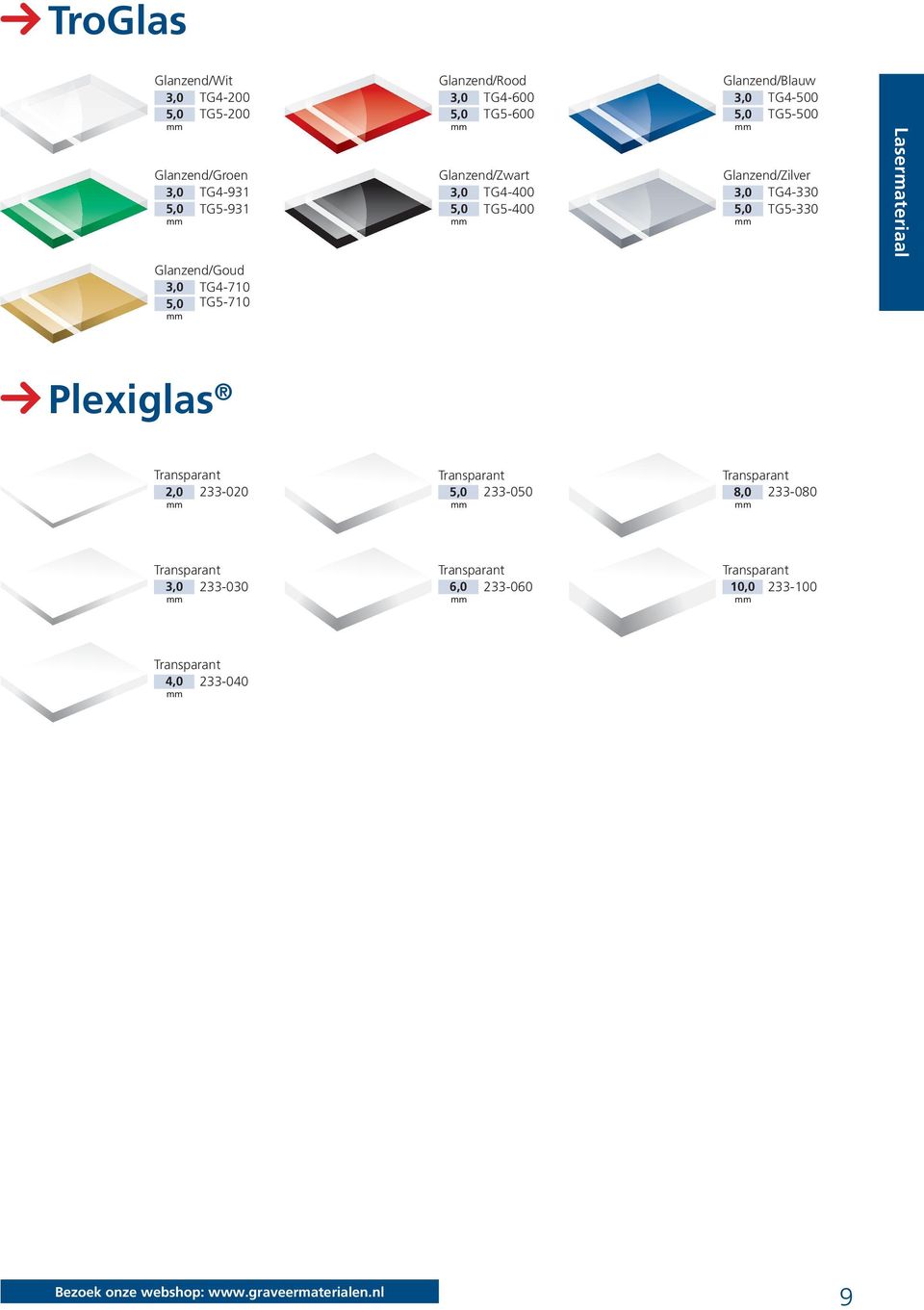 Glanzend/Zilver 3,0 TG4-330 5,0 TG5-330 Plexiglas Transparant 2,0 233-020 Transparant 5,0 233-050 Transparant 8,0 233-080