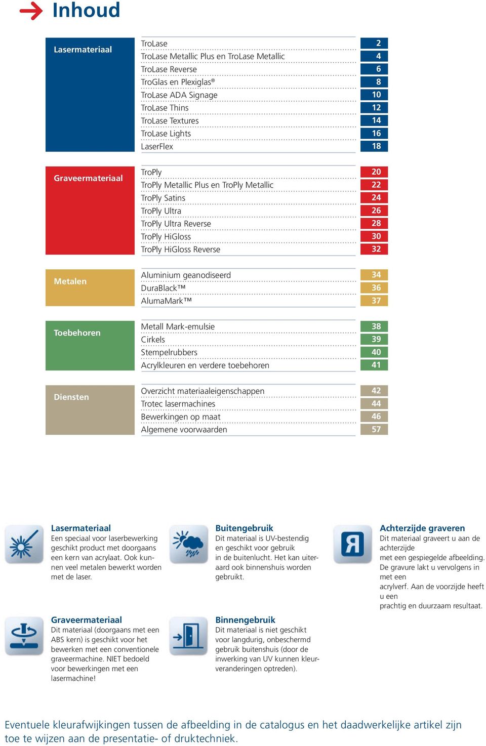 34 36 37 Toebehoren Metall Mark-emulsie Cirkels Stempelrubbers Acrylkleuren en verdere toebehoren 38 39 40 41 Diensten Overzicht materiaaleigenschappen Trotec lasermachines Bewerkingen op maat