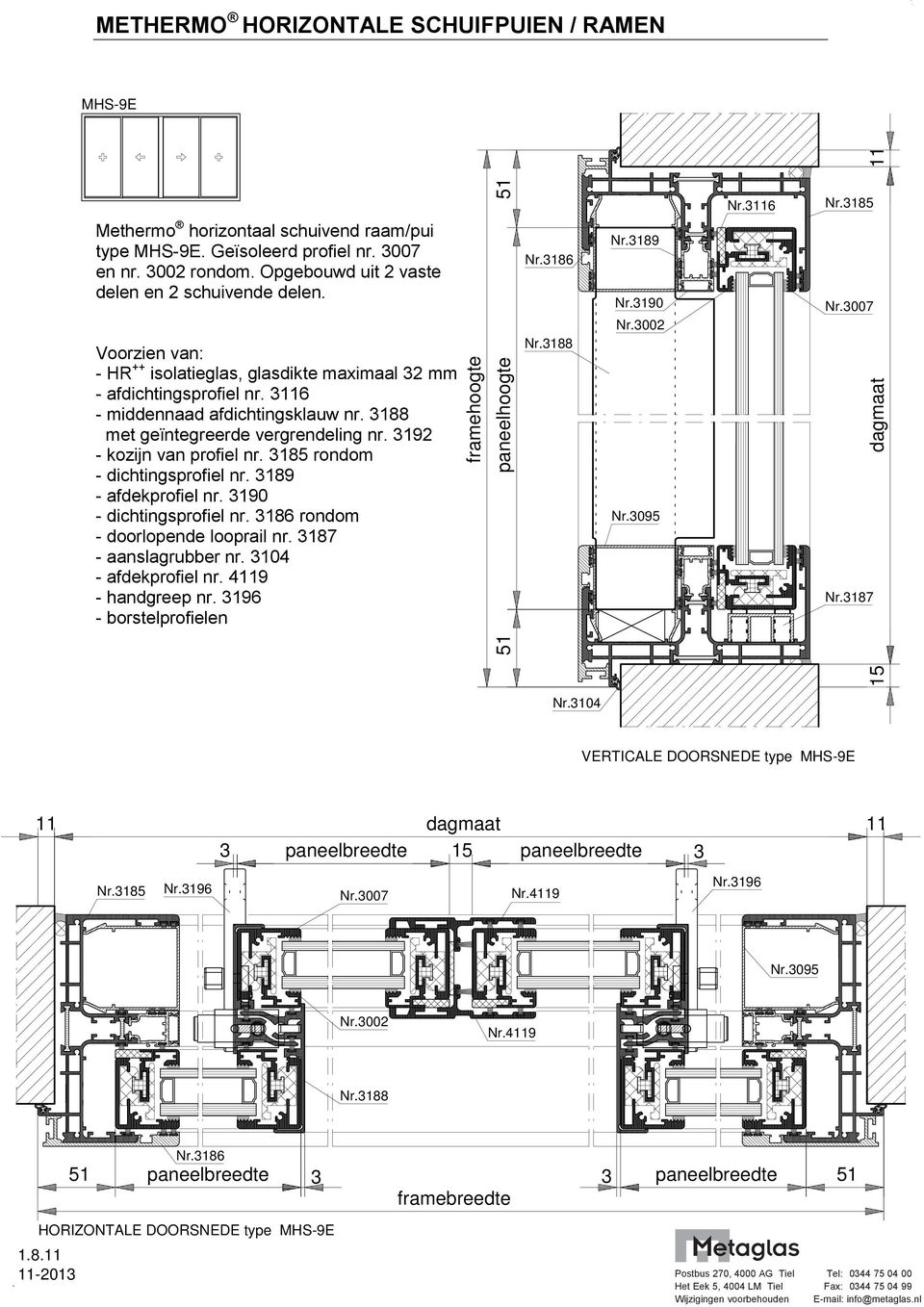 3185 rondom - dichtingsprofiel nr. 3189 - afdekprofiel nr. 3190 - dichtingsprofiel nr. 3186 rondom - doorlopende looprail nr. 3187 - aanslagrubber nr. 3104 - afdekprofiel nr. 4119 - handgreep nr.